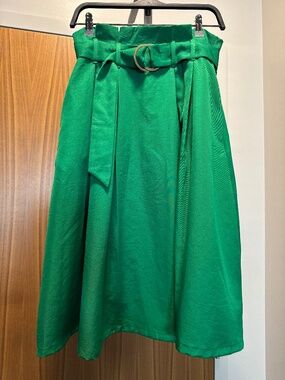 Green A-Line Midi Belted Skirt with pockets